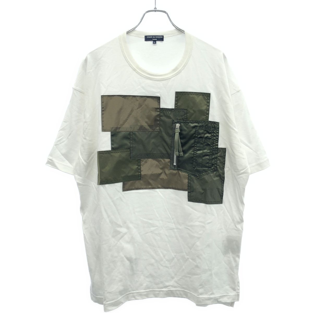 COMME des GARCONS HOMME コムデギャルソンオム 23AW ナイロンパッチワークデザインTシャツ HL-T001 ホワイト×カーキ L