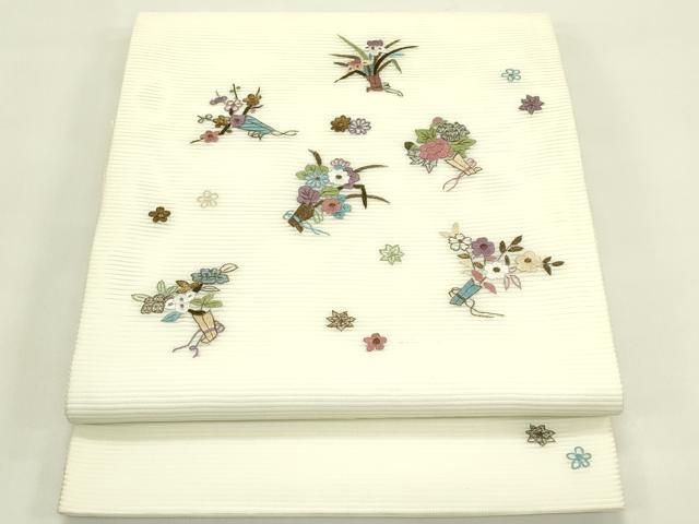 平和屋着物＊夏物　九寸開き名古屋帯　刺繍　草花文　金糸　正絹　逸品　CABI5483rv