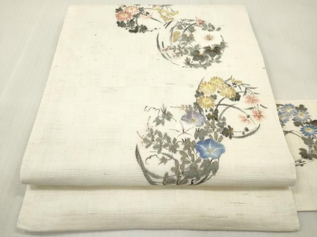 平和屋着物＊夏物　染色作家　桐山紫香　手描き　九寸名古屋帯　四季花丸文　正絹　逸品　DABF0453ea