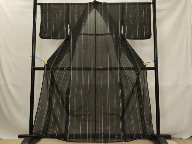 平和屋着物＊夏物　小紋　絽　間道　黒地　洗える着物　AABJ8801st