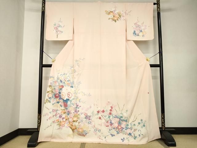 平和屋着物●訪問着　友禅　作家物　草花文　ロング丈　正絹　逸品　未使用　AABJ9264ck