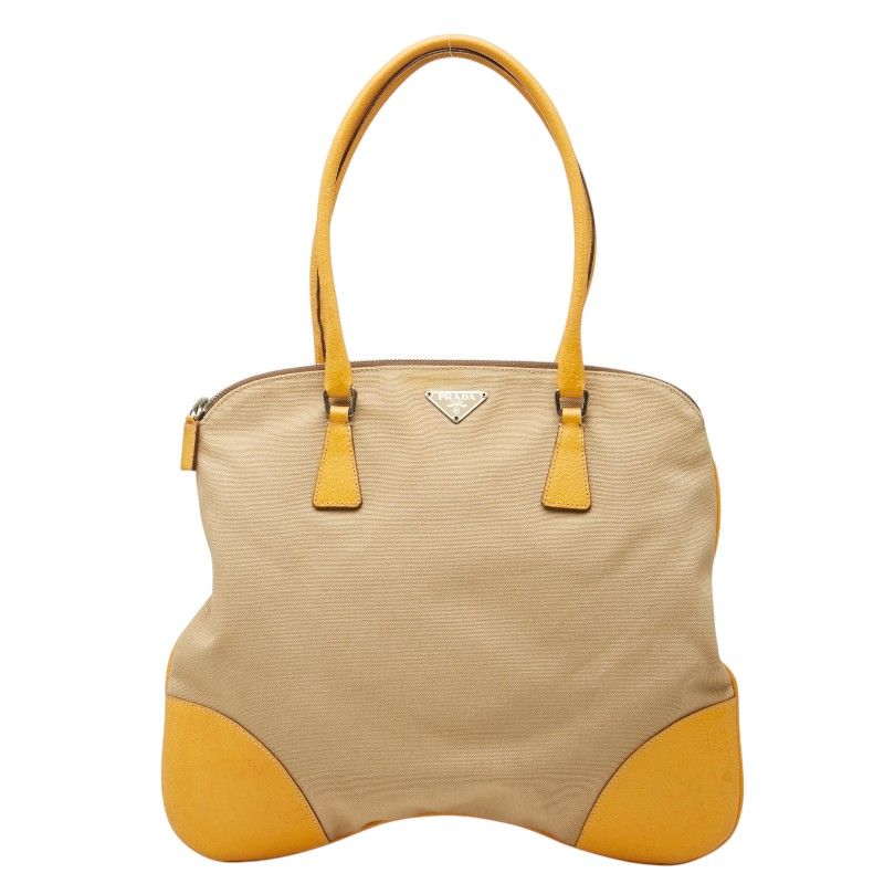 プラダ 三角ロゴプレート トートバッグ ショルダーバッグ ベージュ イエロー系 キャンバス レザー レディース PRADA【1-0263411】