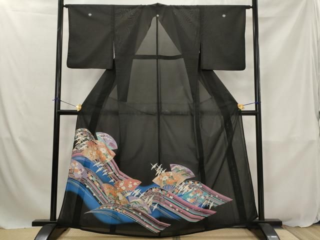 平和屋着物＊夏物　黒留袖　絽　扇面飛鶴花文　暈し染め　金彩　洗える着物　AABJ8780st