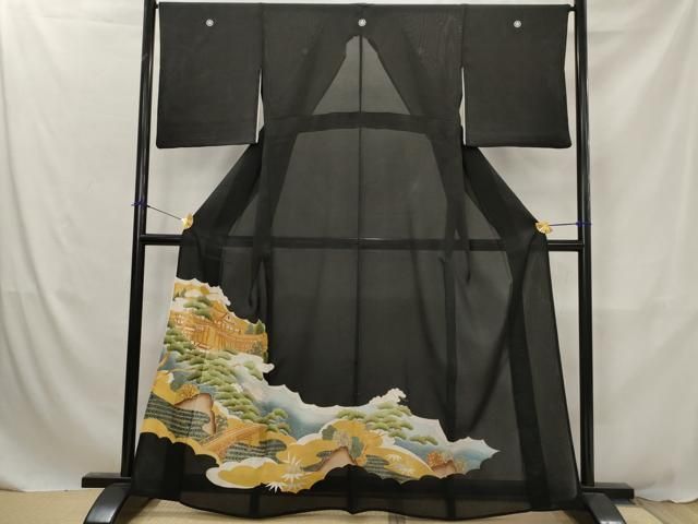 平和屋着物＊夏物　黒留袖　絽　駒刺繍　風景枝松文　金彩　正絹　逸品　AABJ8782st