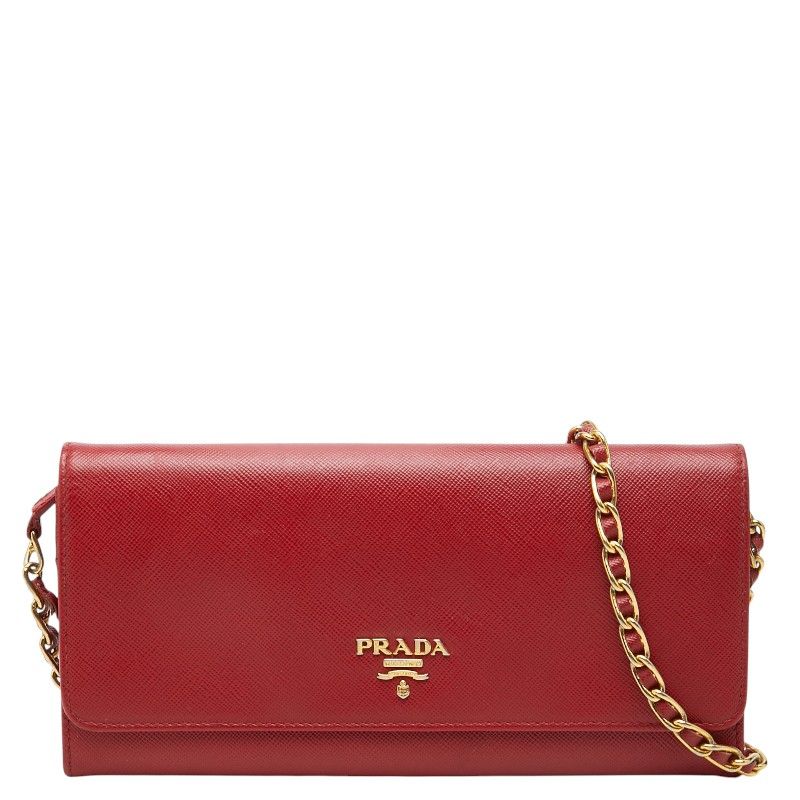 プラダ 三角ロゴプレート サフィアーノ 斜め掛け チェーン ウォレット 2way 長財布 レッド レザー レディース PRADA【1-0273920】