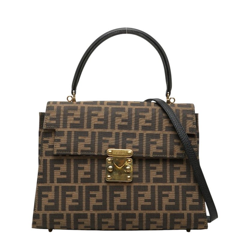 フェンディ ズッカ ハンドバッグ ショルダーバッグ 2WAY ブラウン ブラック キャンバス レザー レディース FENDI【1-0276525】
