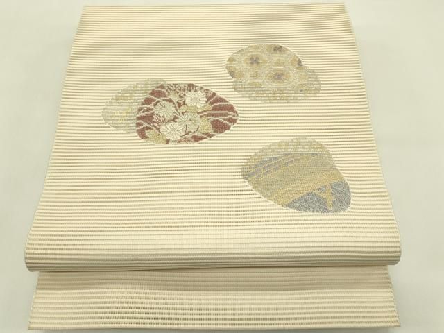 平和屋着物＊夏物　八寸名古屋帯　総刺繍　絽刺し　区限刺繍　貝合わせ花文　金銀糸　正絹　逸品　CABI5428rv