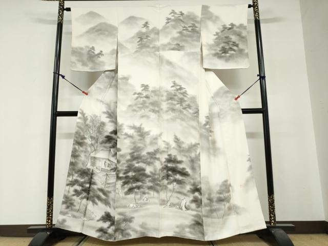 平和屋着物●友禅　寺島玲聲　訪問着　手描き　風景樹林文　正絹　逸品　DABG2514ud