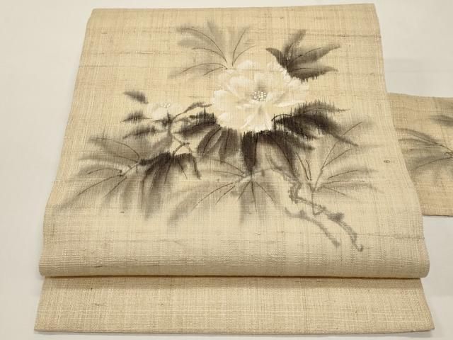 平和屋着物＊夏物　九寸名古屋帯　作家物　手描き　紬地　牡丹　正絹　逸品　CABI8509tx