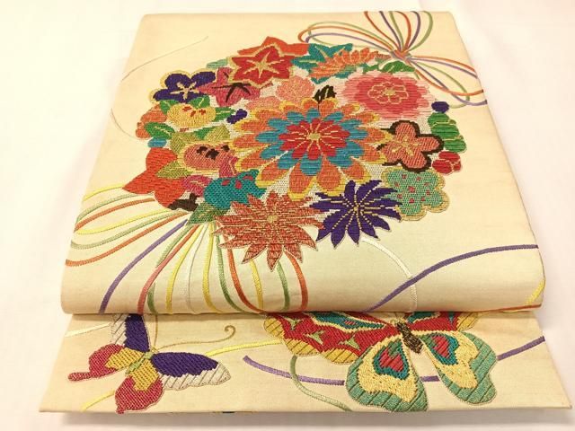 平和屋着物●アンティーク　大正ロマン　総刺繍　絽刺し　区限刺繍　太鼓柄袋帯　束ね花文　金銀糸　正絹　逸品　CABI4269vp