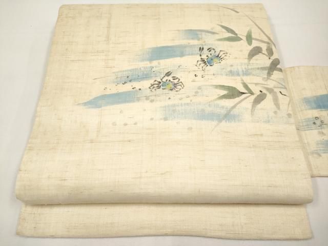平和屋着物＊夏物　九寸名古屋帯　手描き　蟹　カニ　銀彩　麻　逸品　CABI8469tx