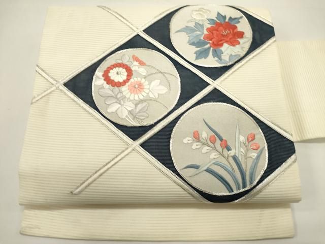 平和屋着物＊夏物　九寸名古屋帯　駒刺繍　花丸文　正絹　逸品　DABH1658cd