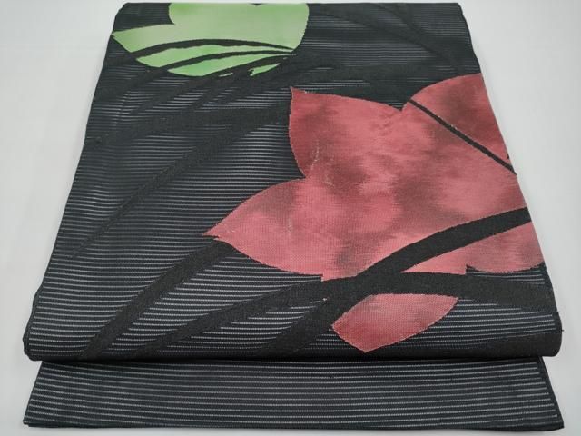 平和屋着物＊夏物　九寸開き名古屋帯　すすき　舞花文　黒地　正絹　逸品　CABI8452tx