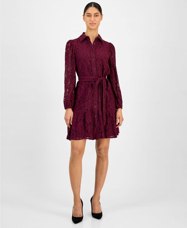アンクライン レディース トップス ワンピース ティアード シャツ レース Anne Klein Womens Lace TieWaistiered Shirtdress 0P16 Anne Blac