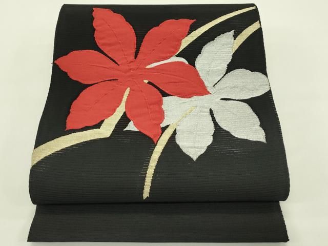 平和屋着物＊夏物　西陣の名門織元　いづくら謹製　八寸名古屋帯　絽綴れ　草花文　黒地　金銀糸　正絹　逸品　CABI5340rv