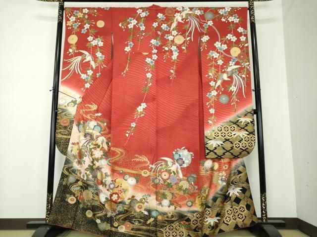 平和屋着物●豪華振袖　駒刺繍　流水鳳凰花文　暈し染め　金彩　正絹　逸品　DABF7253ps