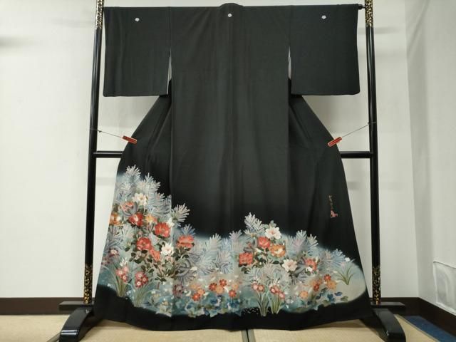 平和屋着物●豪華黒留袖　友禅　作家物　花鳥文　暈し染め　正絹　逸品　CABG0498yc