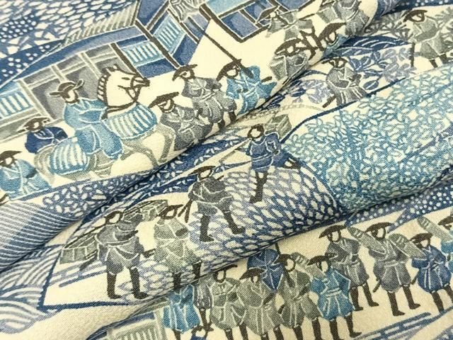 平和屋着物●上質な小紋　型染め　風景人物文　正絹　逸品　AABI8908fy