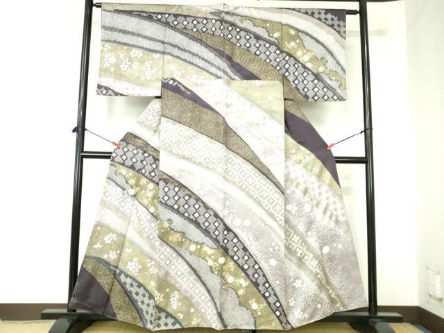 平和屋着物●訪問着　駒刺繍　絞り　花唐草文　金彩　正絹　逸品　DABH0175op