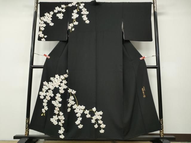 平和屋着物●日本舞踊家 岩井流宗元　岩井友見　訪問着　駒刺繍　枝垂れ花文　黒地　正絹　逸品　CABH9868ut