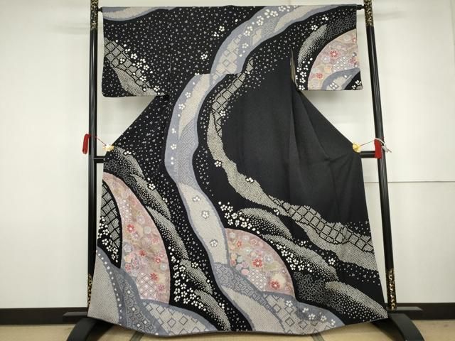 平和屋着物●訪問着　絞り　道長吉祥花文　銀彩　正絹　逸品　AABJ8639cs