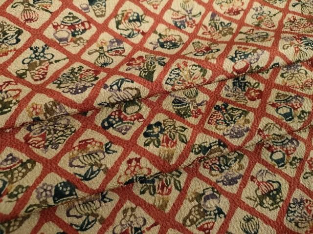 平和屋着物●上質な小紋　型染　格子花文　茶器　鬼しぼ縮緬　正絹　逸品　DABE5840ps