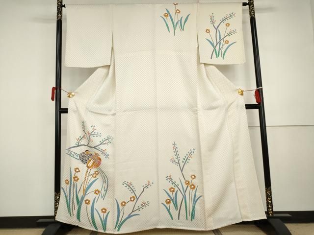 平和屋着物▽訪問着　単衣　手描き　花鳥文　金通し地　正絹　逸品　AABI7227cs