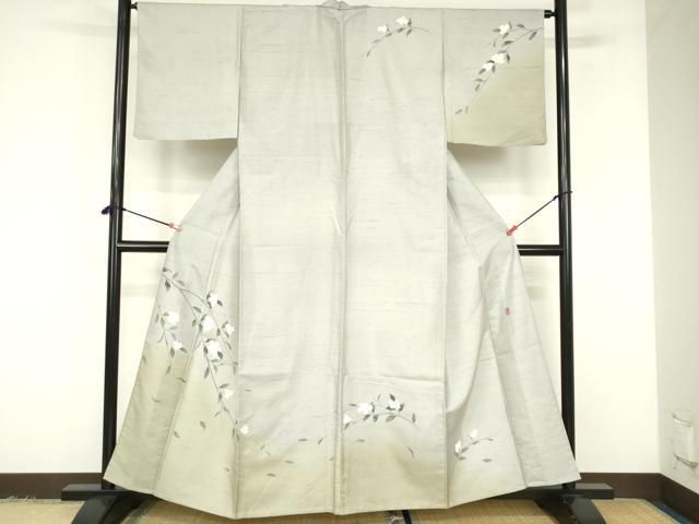 平和屋着物▽十日町友禅作家　越村幸雪　訪問着　単衣　白山紬　枝花文　暈し染め　正絹　逸品　DABF3284op