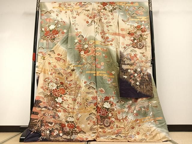 平和屋着物●豪華振袖　駒刺繍　花蝶文　暈し染め　金彩　仮絵羽　逸品　未使用　AABI1810fy