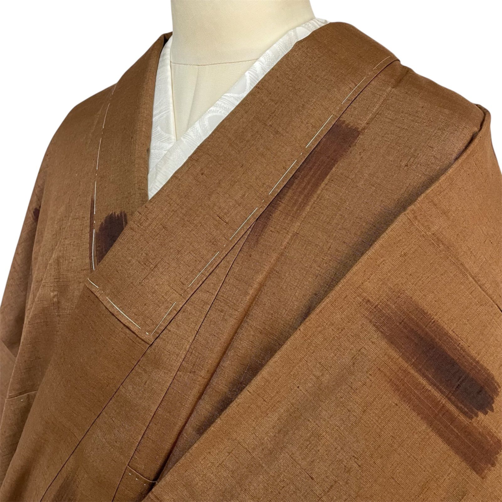 R052 美品 しつけ糸付き トールサイズ 結城紬 草木染め 正絹 身丈169cm