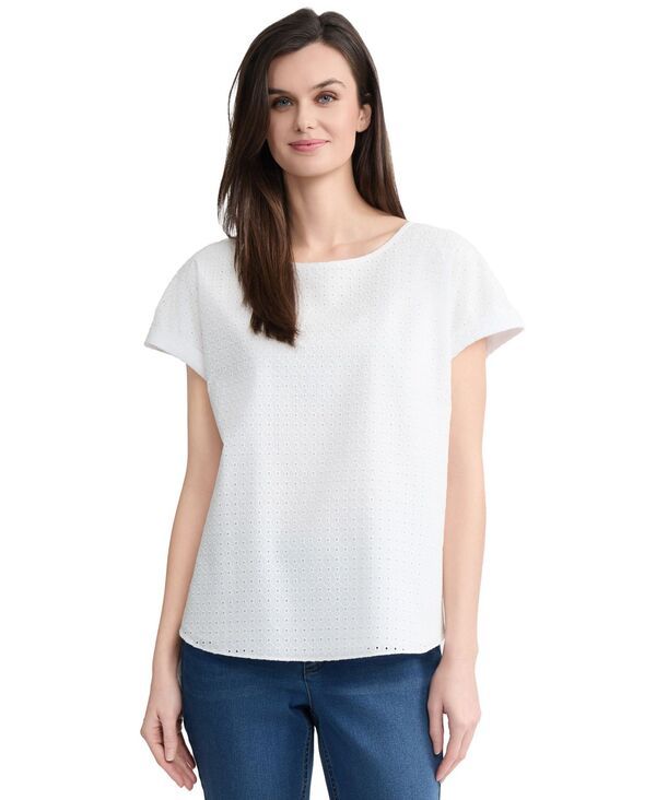 ジョーンズニューヨーク レディース アウター ニット・セーター Jones New York Womens Eyelet Boat Neck Button Detail Top Nyc White ホ
