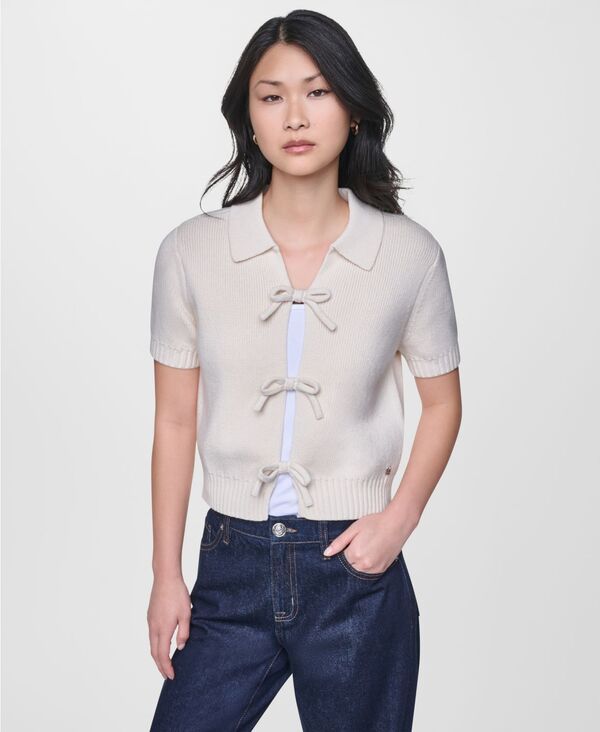 ダナキャランニューヨーク レディース アウター ニット・セーター ポロシャツ 半袖 DKNY Jeans WomenshortSleeve Polo Collar TieFront Sweater E