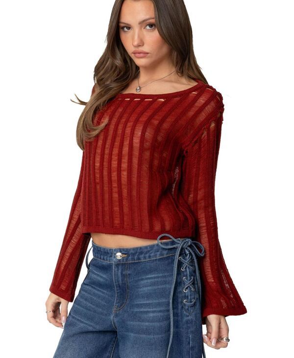 アディクテッド レディース アウター ニット・セーター シアー Edikted Womensagir Sheer Ladder Knitop Burgundy バーガンディ