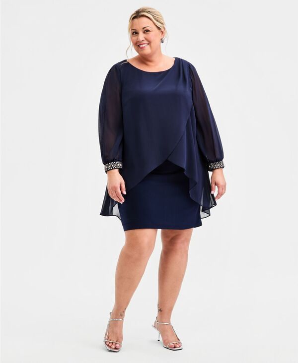 エスエルファッションズ レディース トップス ワンピース プラスサイズ オーバーレイ SL Fashions Plusize Overlay Sheath Dress Navy ネイビー
