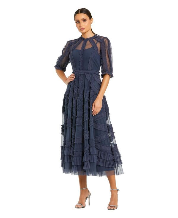 マックダガル レディース トップス ワンピース ティアード A ライン プチ フリル ミディ Mac Duggal Petite High Illusioneck Ruffle Tie red ALi 109,340円