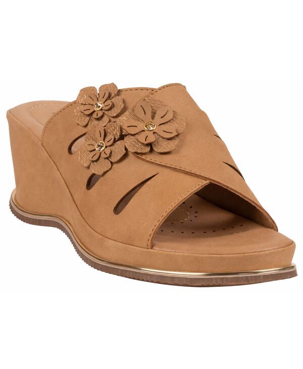 ジーシーシューズ レディース サンダル フラワー柄 フラワー GC Shoes Womensarel Floral Round Toe Wedge Sandals Tan タン