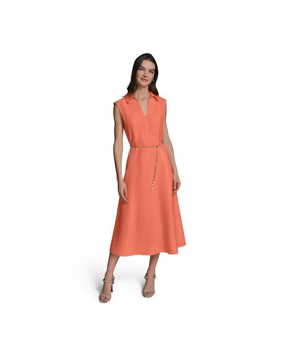 カール ラガーフェルド レディース トップス ワンピース ミディ KARLAGERFELD PARIS Womens Colla red Chain Belt Midi Dress Camelia