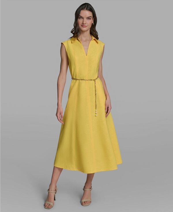 カール ラガーフェルド レディース トップス ワンピース ミディ KARLAGERFELD PARIS Womens Colla red Chain Belt Midi Dress Lemon Chr