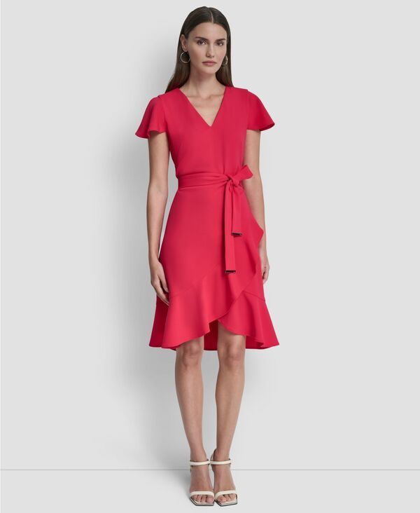 ダナ キャラン ニューヨーク レディース トップス ワンピース Vネック 半袖 DKNY Womens Flutter ShortSleeve VNeck FauxWrap Dress Lipstic