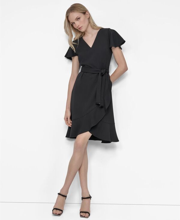 ダナ キャラン ニューヨーク レディース トップス ワンピース Vネック 半袖 DKNY Womens Flutter ShortSleeve VNeck FauxWrap Dress Black ブ