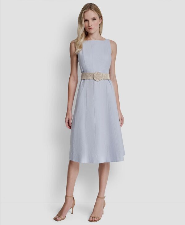 ダナ キャラン ニューヨーク レディース トップス ワンピース ミディ DKNY Womens Belted Fit And Flare Boat Neck Midi Dresskyway Blue