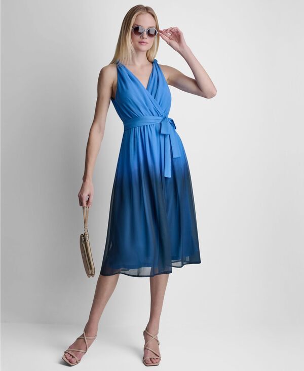 ダナ キャラン ニューヨーク レディース トップス ワンピース ミディ ノースリーブ DKNY Womensleeveless Faux Wrap Surplice Neck Ombre Midi D