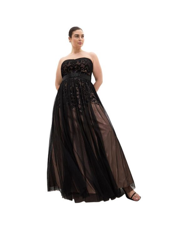 シティーシック レディース トップス ワンピース チュール プラスサイズ 刺繍 マキシ CITY CHIC Plusizembroide red Tulle Maxi Dress Black ブラック
