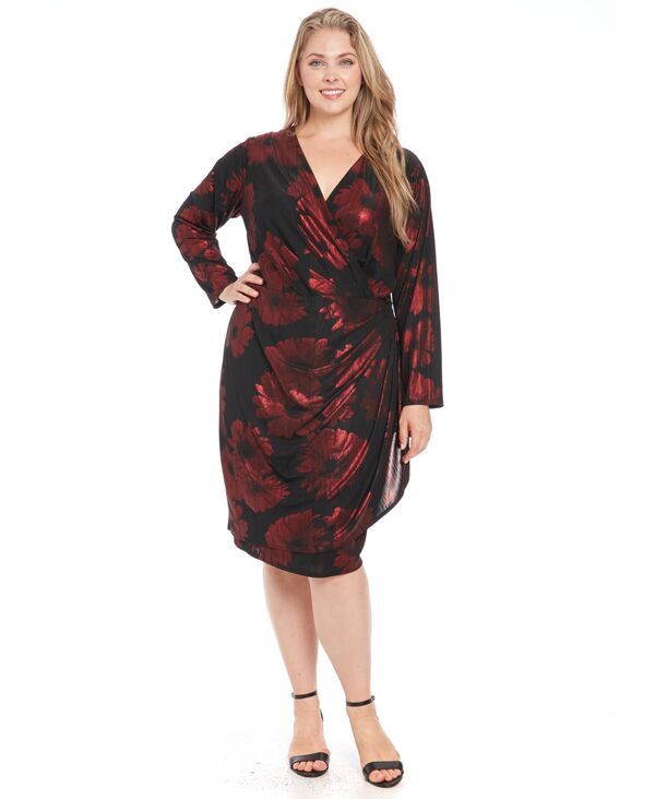 ロンドンタイムス レディース トップス ワンピース プラスサイズ London Times Plusize FoilFlower FauxWrap Sheath Dress Black Red ブラッ
