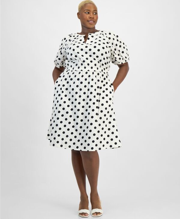カスパール レディース トップス ワンピース プラスサイズ プリント パフスリーブ ミディ シャーリング Kasper Plusize DotPrint PuffSleeve SmockedWaist