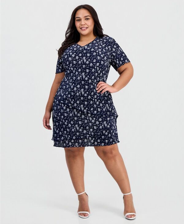 コネクテッド レディース トップス ワンピース Vネック ティアード フラワー柄 プラスサイズ フリル フラワー Connected Plusize Floral RuffleTie red VNec