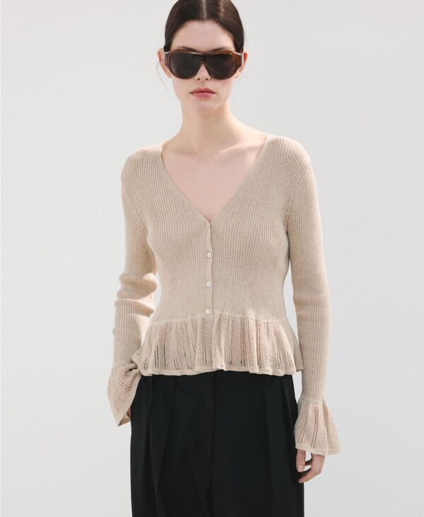 マンゴ レディース アウター ニット・セーター フリル カーディガン MANGO Womens Ruffle Knit Cardigan Sand サンド