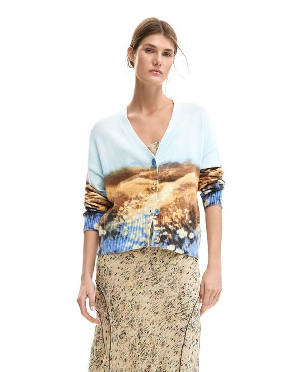 デジグアル レディース アウター ニット・セーター カーディガン キャップ ケープ Desigual Womens Landscape Cardigan Sweater Light blue ブルー