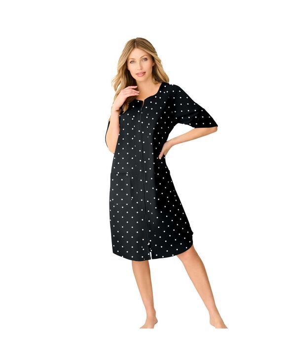 ドリームスアンドコー レディース アンダーウェア ナイトウェア パイル Dreams Co Womenshort ZipFront Robe in French Terry Black dot ブラッ