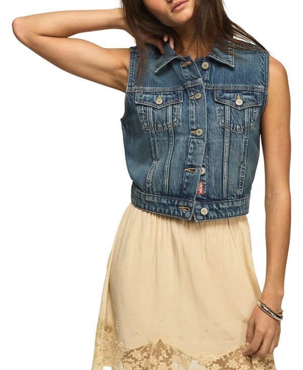 ラッキーブランド レディース トップス ベスト クロップド デニム Lucky Brand Womens Medium Wash Croppedenim Trucker Vest Valley Gir